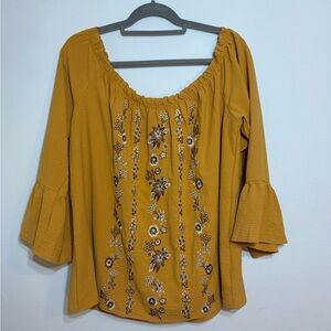 Off Shoulder Embroidered Mustard Women's Top 2XL